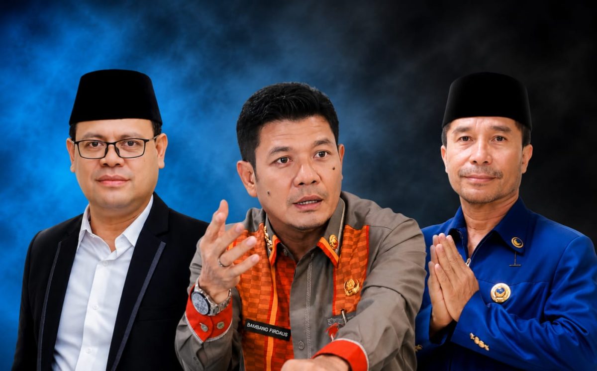 Wakil Ketua DPRD Dompu Kurnia Ramadhan (kiri), Bupati Bambang Firdaus (tengah), dan Ketua DPRD Dompu Muttakun
