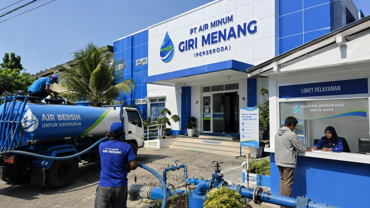 Kantor PT Air Minum Giri Menang dengan aktivitas pelayanan pelanggan dan jaringan distribusi air bersih. (ilustrasi)