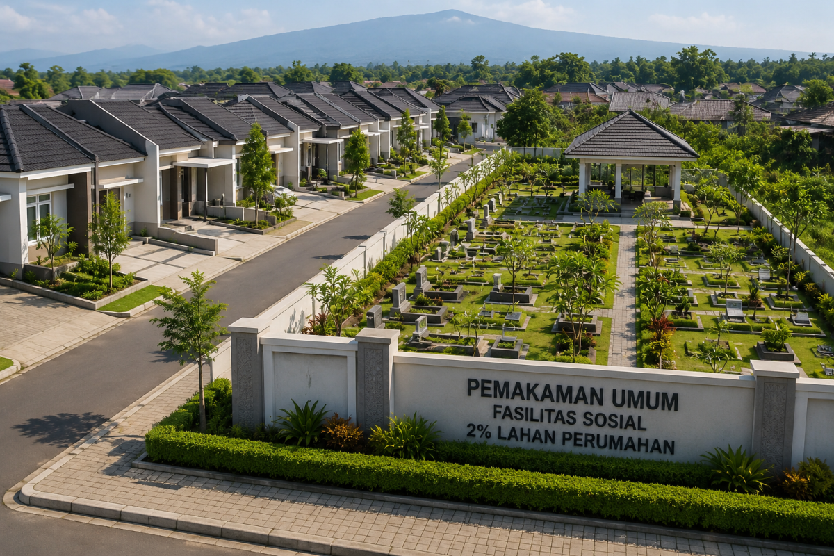 Ilustrasi perumahan dengan lahan pemakaman.