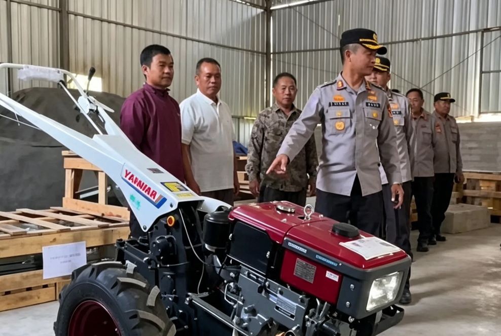 Kapolres Lombok Timur mengecek Alsintan bantuan kepada petani.